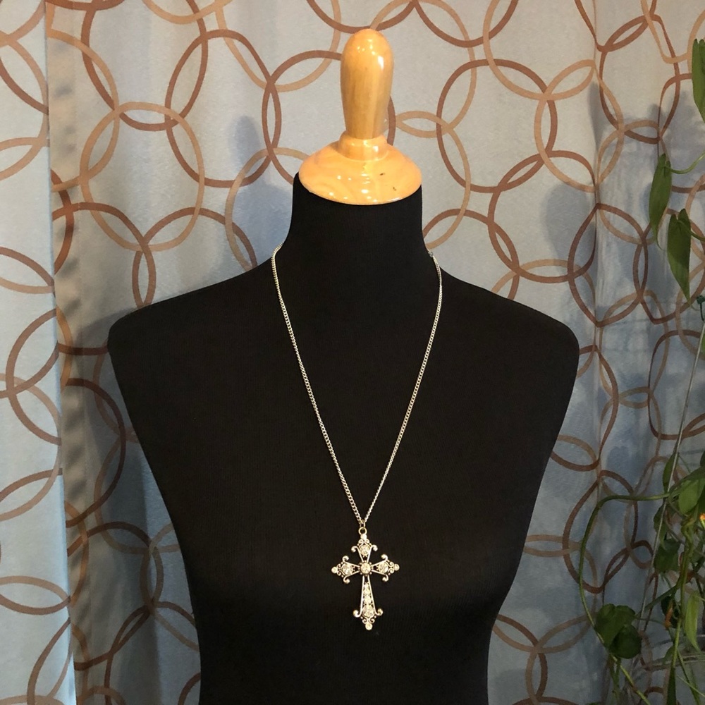 Silver Tone & Black Cross Pendant Necklace